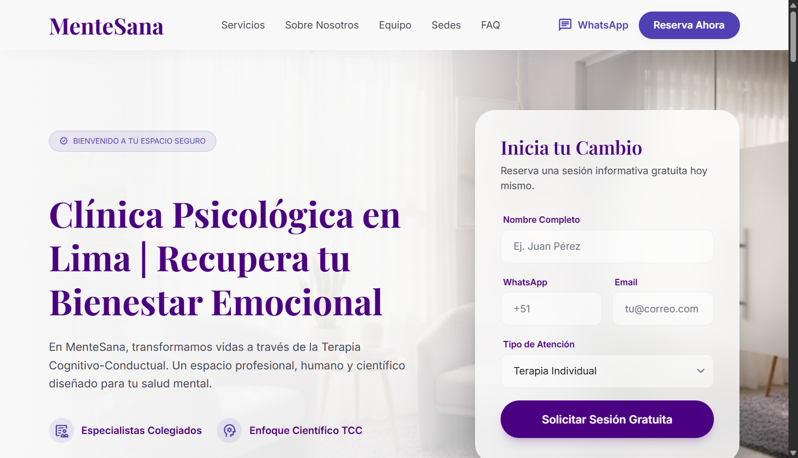 Diseño web empático y profesional para Mente Sana, una clínica de psicología enfocada en terapia cognitivo-conductual y bienestar emocional.